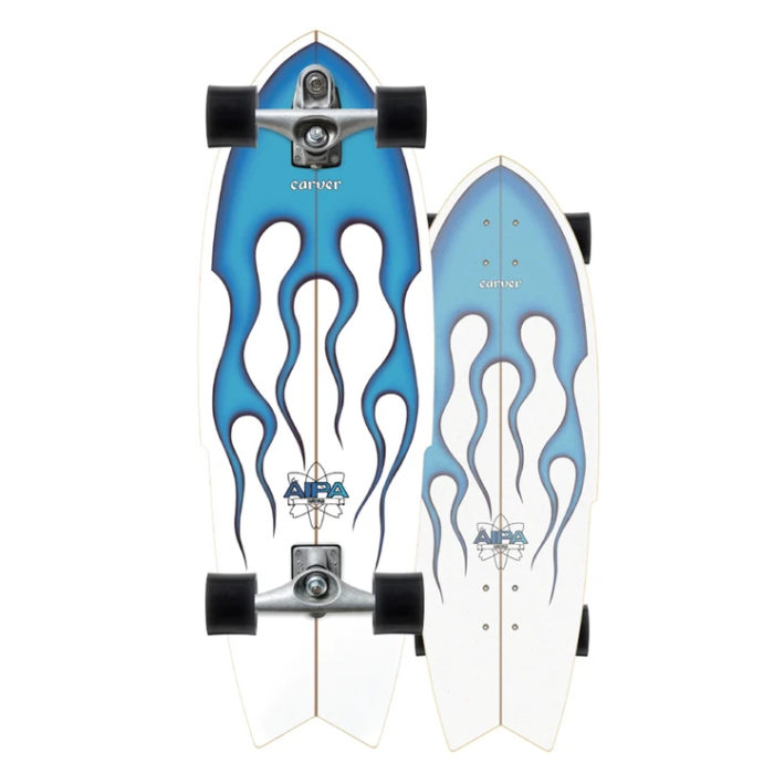 skate carver Aipa Da Sting 30.75 trucks C7 couleur blanc flammes bleu